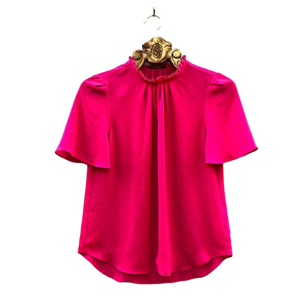 Tahari Top Bright Pink Chiffon High Neck Short Sleeve Small
